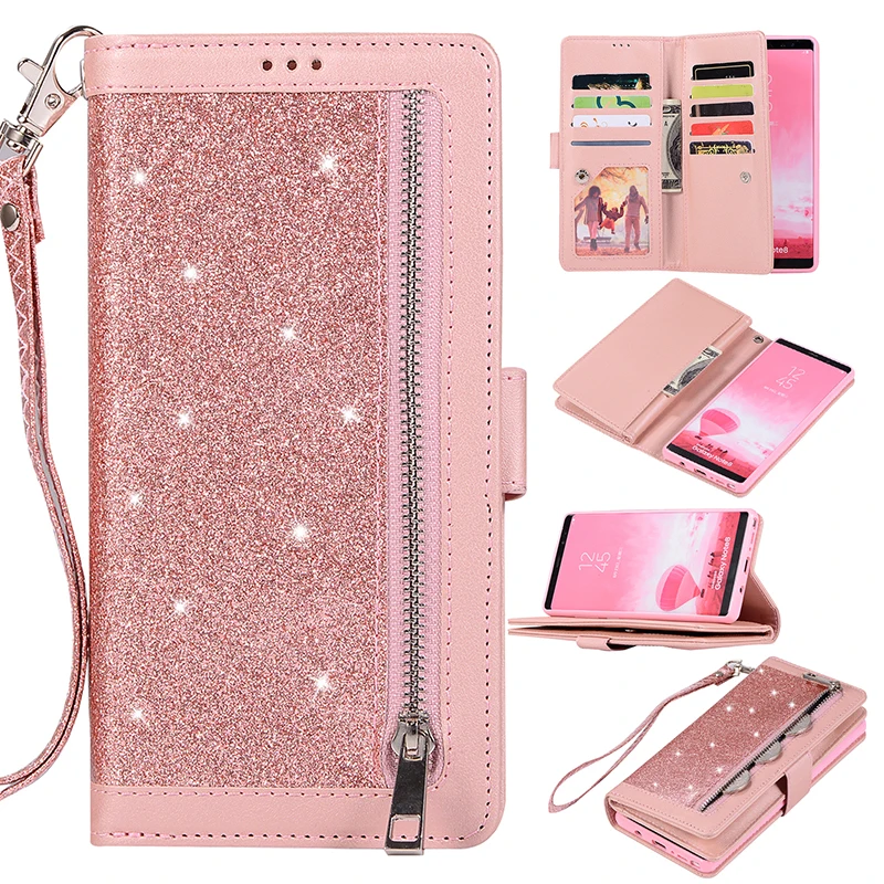 Блестящий кожаный чехол на молнии для телефона Samsung Note 10 Plus S8 S9 S10 откидной Чехол