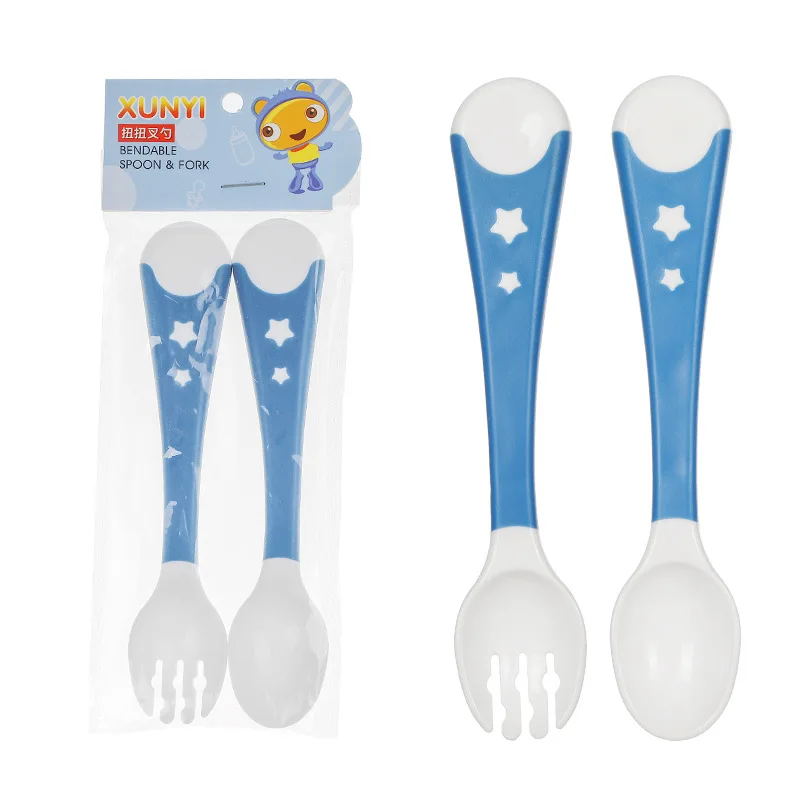 

2Pcs/Set Kids Boys Girls Silicone Spoon Fork Baby Food Supplement Tableware Learning Eating Spoon Fork Tools Wholesale