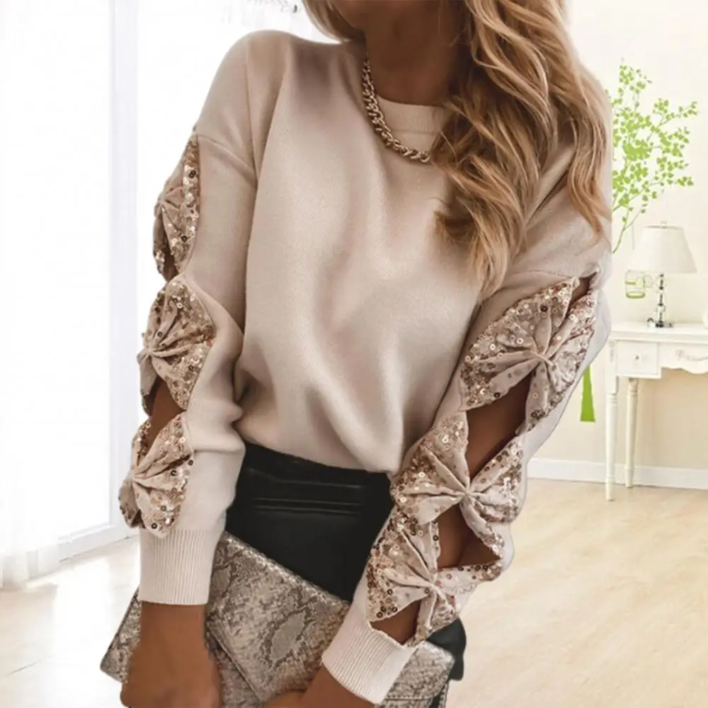

Women Elegant Solid Color Sequin Knitted Sweater Hollow Out Long Sleeve Pullover