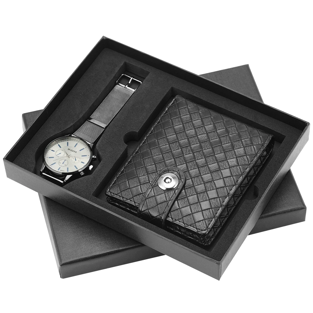 

Men's Watch Set Wallet Quartz Dial Clock Mesh Pin Buckle Strap Male Leather Card Case Wallet Gift Box Present for Husband Father