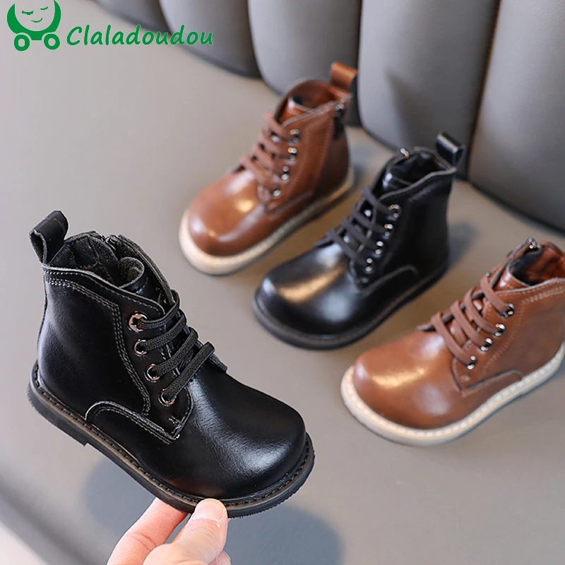 

15-19cm Baby's Boy's Girl's Classic Waterproof Outdoor Winter Fashion Boots With Velvet,Bright Brown Kids Leather Martin Boots