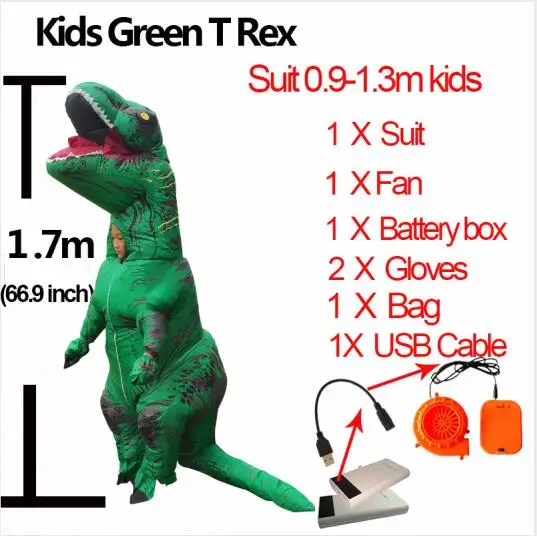 Костюм T Rex для женщин, взрослых, мужчин, надувной костюм T Rex, аниме, косплей, фэнтези, Хэллоуин, T Rex, костюм динозавра для детей, женщин - Цвет: Kids Green T Rex