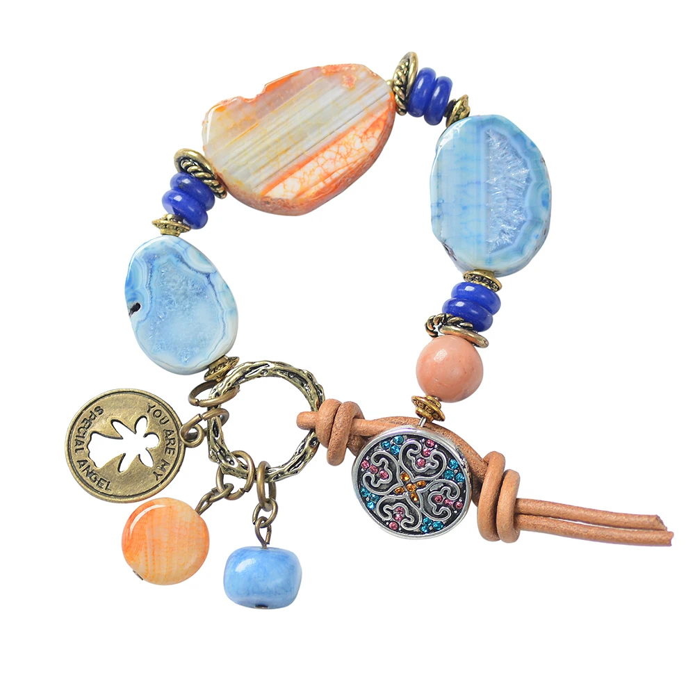 Простой ручной работы натуральный камень бусины браслет с бронзовым Dangal кулон из