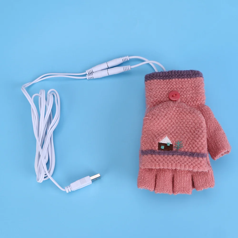 

1 Pair of USB Heated Kids Full and Half Finger Hand Warmer Adorable Mittens Dark Grey