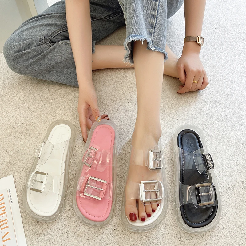 

Summer Jelly Shoes Transparent Buckle Strap Platform Slippers Women 2021 Beach Slides Designer Casual Flat Chunky Shoes Women