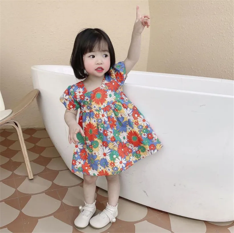 

Sweet Fashion Baby Girls Dresses Cotton Flower Print Children Kids Toddler Causal Dress