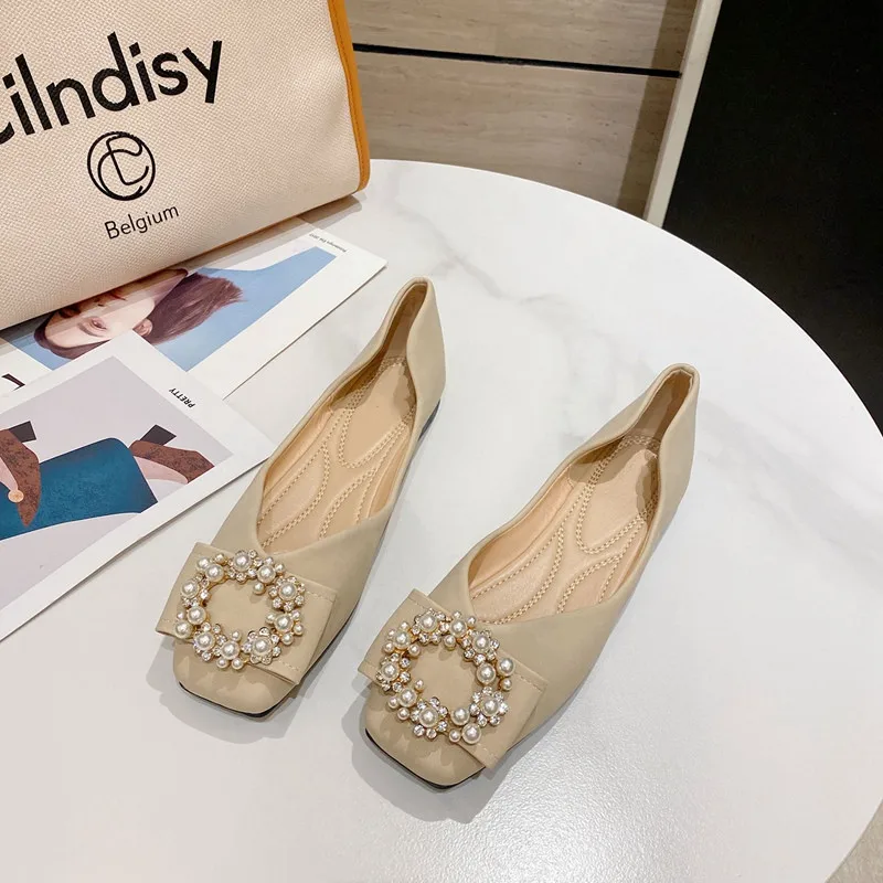 

Women Shoes Spring/Autumn Soft Bottom Casual Women Loafers Apricot Square Head Ballerina Shoes Comfort Slip on Flat Shoes Woman
