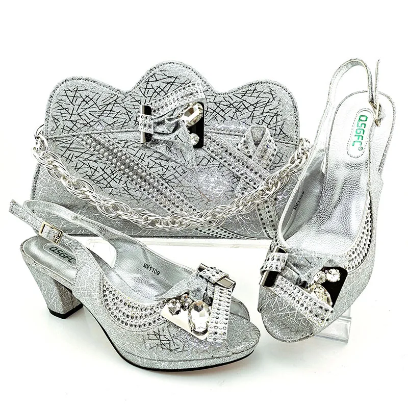 

Silver Party African Women Pumps Shoes With Bag Set Ladies High Heels Sandals And Purse Handbag Scarpe Da Donna Sandalias MM1109