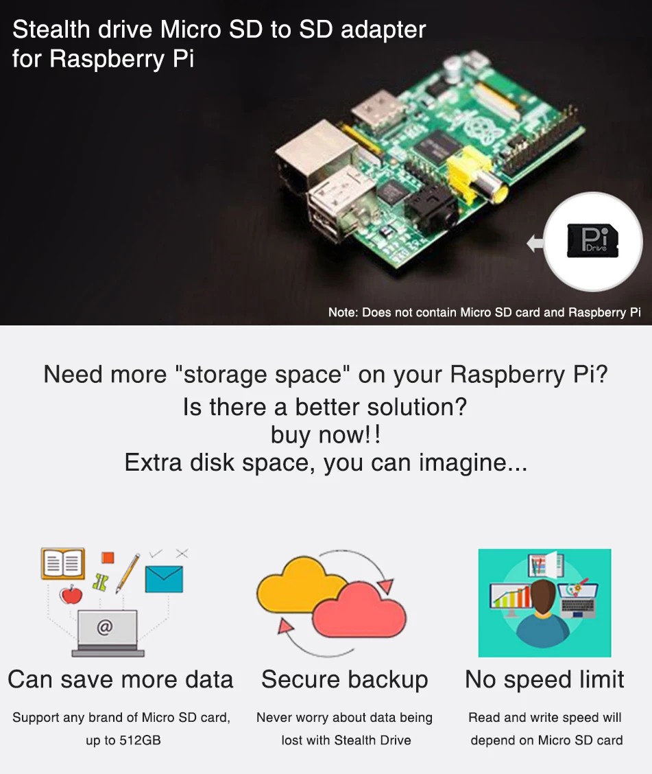 BaseQi Stealth Drive Micro SD для sd-адаптера для Raspberry Pi