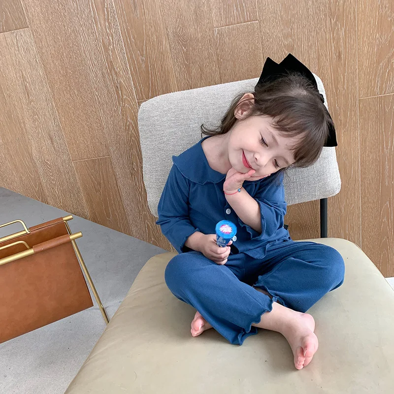 

Spring Autumn Kids Pajama Set For Girl Solid Color Children Home Clothes Suit Lapel Long Sleeve Fashion Toddler Baby Clothing