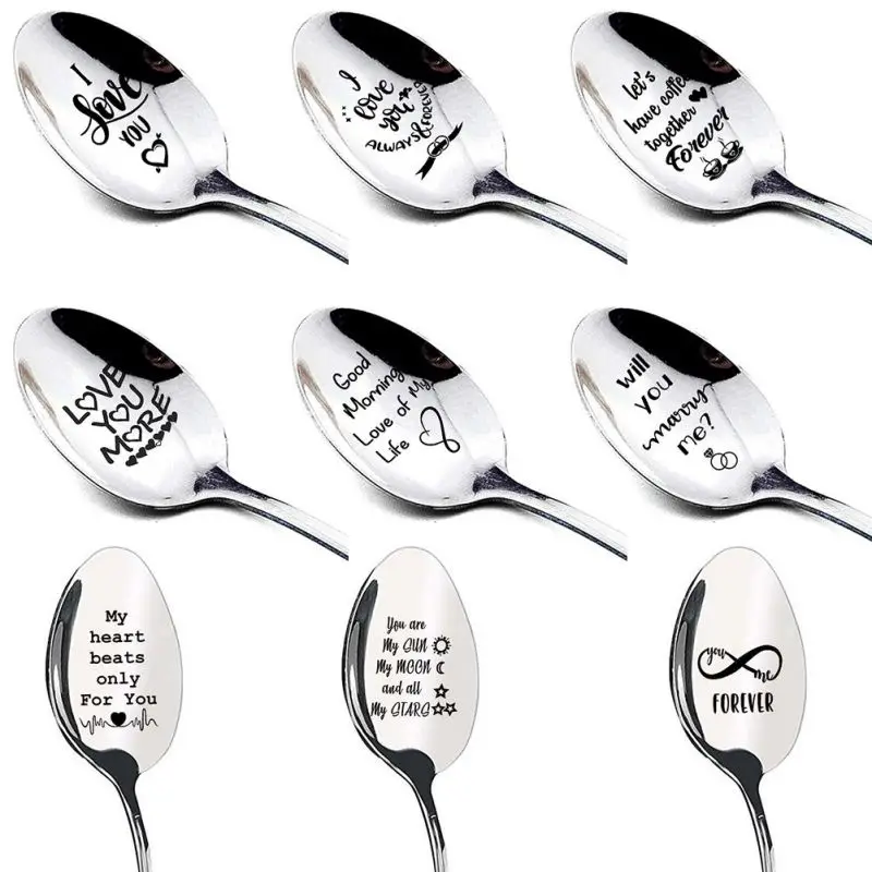 

9 Styles Stainless Steel Coffee Spoons Dessert Ice Cream Fruit Spoon Teaspoon Love Engraved Tableware Gift for Valentine's Day