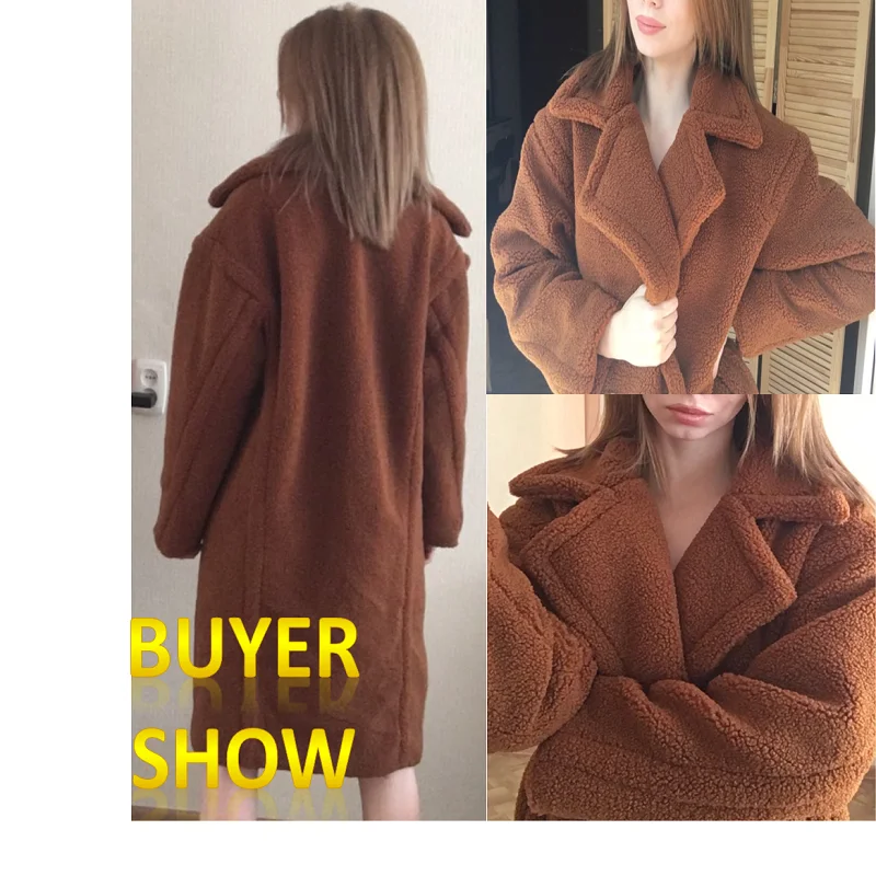 Плюшевый медведь длинное пальто женское зимнее размера плюс флис хаки уличная