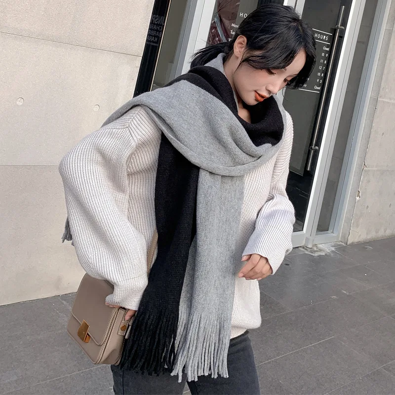 Женский зимний толстый шарф теплый кашемировый вязаный с кисточками модная