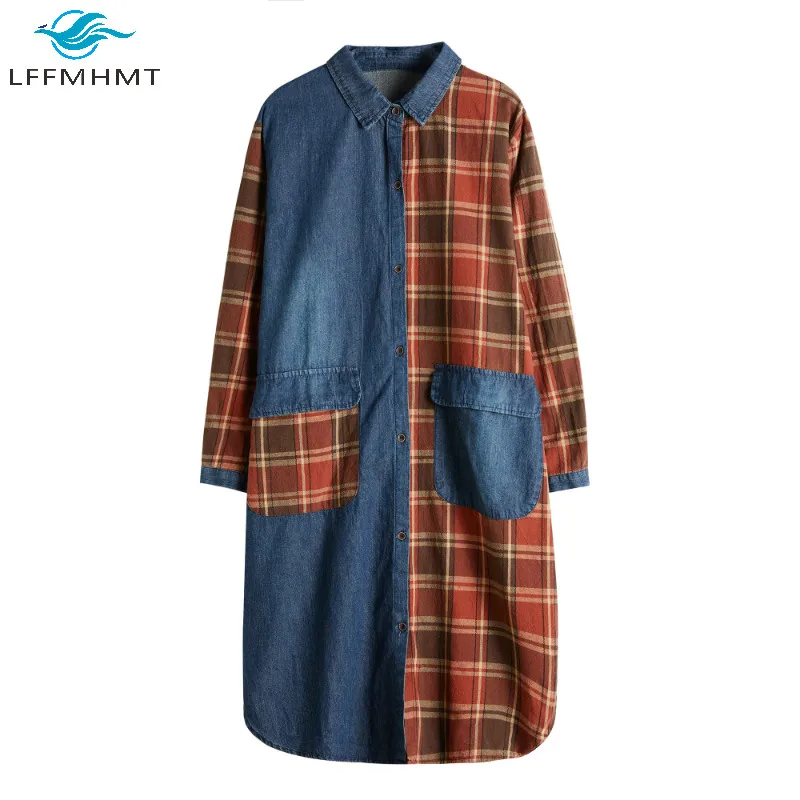 

Spring Fall Fashion Plaid Patchwork Womens Clothing Female Lapel Long Sleeve Blouses Large Size Casual Loose Denim Long Shirts