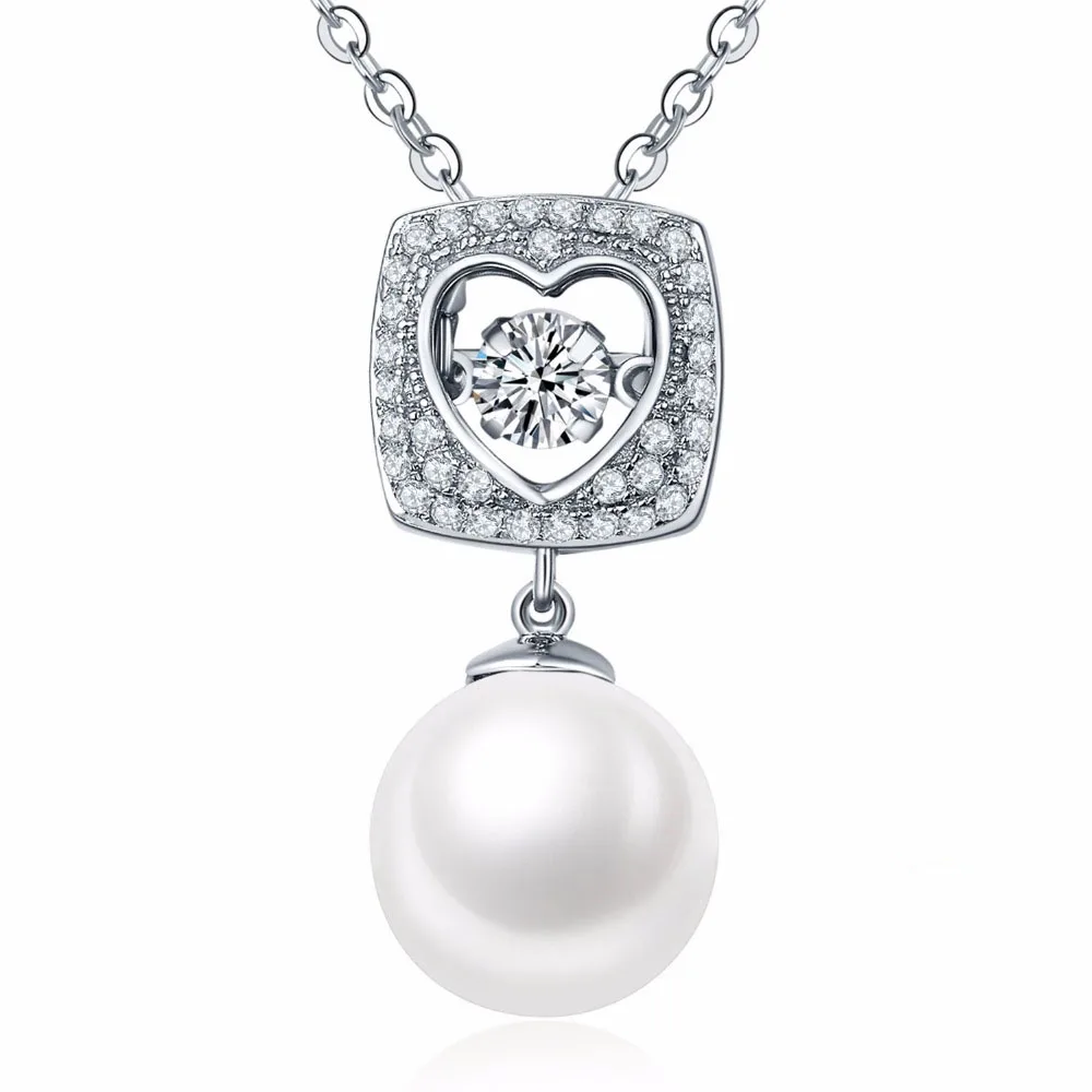 

Beautiful Charms Pendant 100% Real 925 Sterling Silver Jewelry Dancing Diamond & Pearl Heart Dangle Pendant Necklace For Women