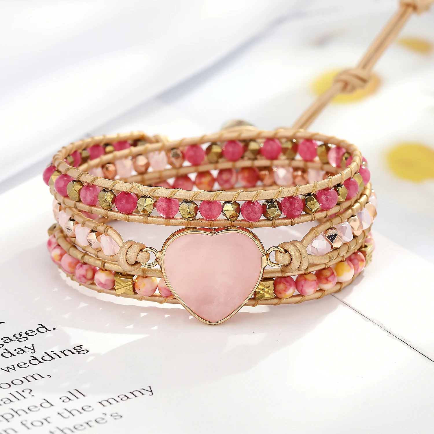 

Exclusive Womens Bracelets Natural Rose quartz Stone Rhinestone 3 Rows Leather Wrap Bracelet Femme Boho Bracelets Dropship