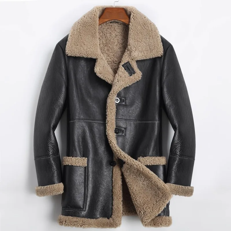 

Winter Mens Thick Warm Wool Liner Real Fur Overcoat Natural Shearling Outwear Coat Single Breasted Biker Genuine Leather Jacket