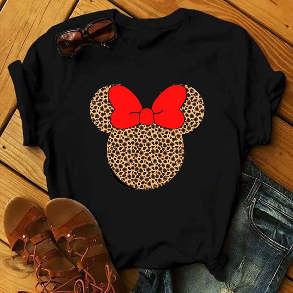 

Leopard Mouse Fashion Women's T-Shirt 2021 90s Goth Short Sleeve T-Shirts Cartoon Leopard Print Kawaii Bowknot Animal Top Women