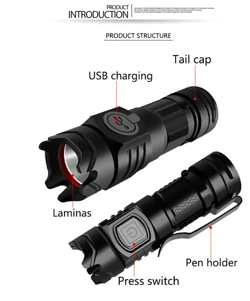 

Rechargable Mini LED Lamp Flashlight 3 Lighting Mode Torch Telescopic Zoom Stylish Portable Suit For Camping Led lights