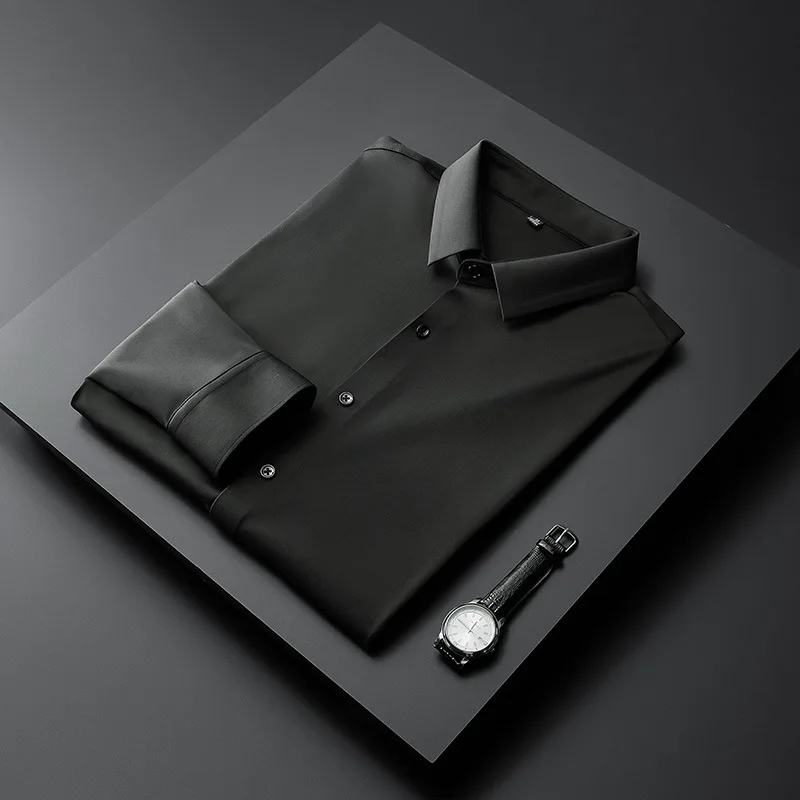 

No iron anti wrinkle high end men's long sleeve solid color business shirt seamless pressure glue silk smooth slim middle aged