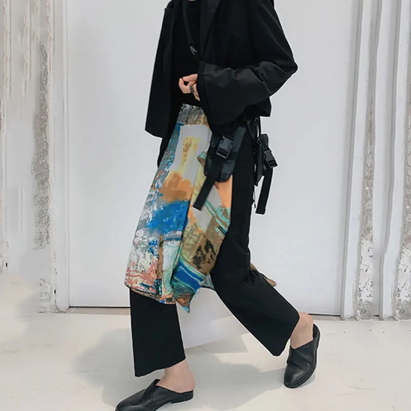 XITAO Print Patchwork Loose Pants Women Trendy Fashion New Style High Waist Flat Straight Fake Two Pieces Belt Minority ZY5103