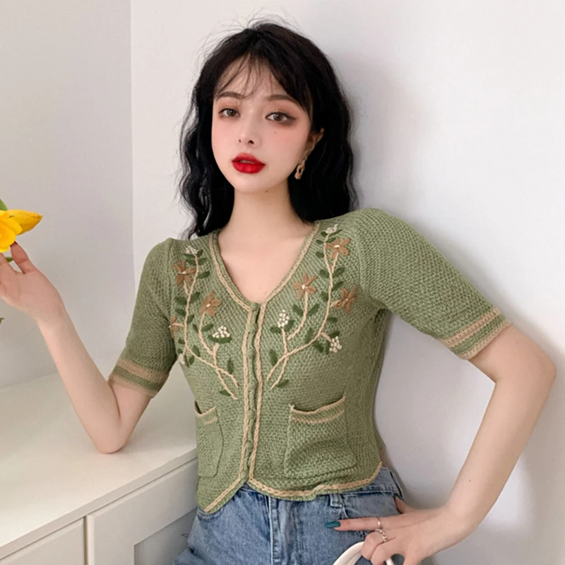 Женские вязаные футболки с цветочной вышивкой винтажные свободные рубашки