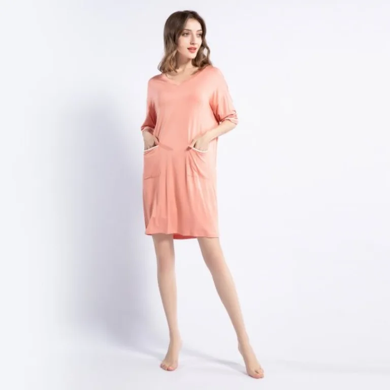 Nightdress Women's Modal Home V-neck Short Sleeve Lady Nightgown Medium Length Dress Leisure Fashion Dress Female Sleepwear