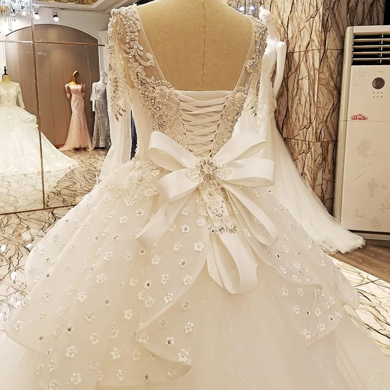 LS70057 свадебное платье с рукавами2018 mangas completas arco espalda con cordones piso longitud vestido de bola encaje
