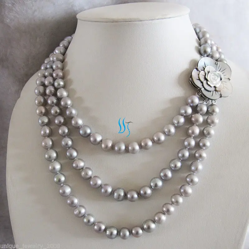 

17-21" 8-9mm Gray Freshwater Pearl Necklace Shell Clasp Jewelry
