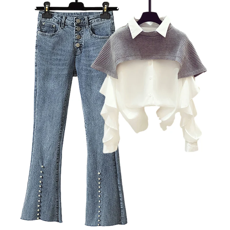 

Women's two-piece design fashion ruffled shirt sweater shawl buttoned high waist micro flared jeans suit