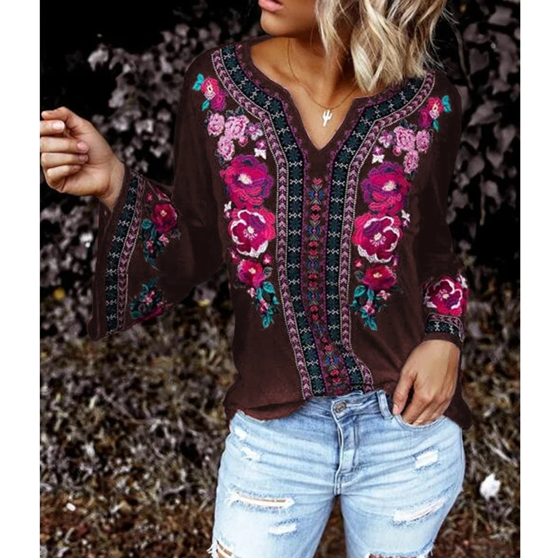 Женские топы с принтом CINESSD футболка V-образным вырезом и длинным рукавом