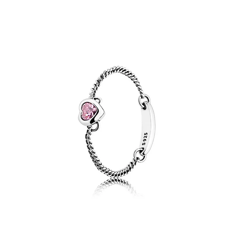 

100% S925 Silver New Heart Pink Diamond Soft Chain PAN Rings Women's Wedding Day Gift Diy Charm Boutique Jewelry