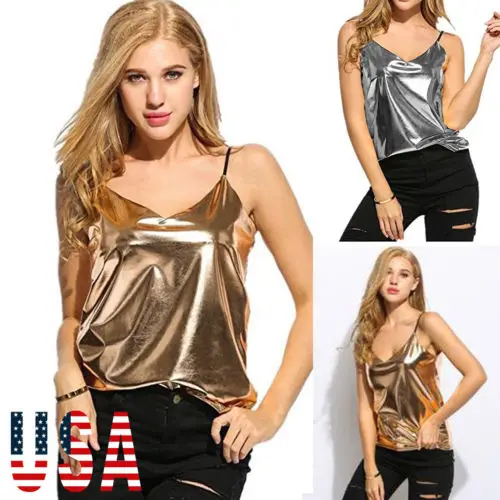 Топ женский золотистый/серебристый однотонный с V образным вырезом без