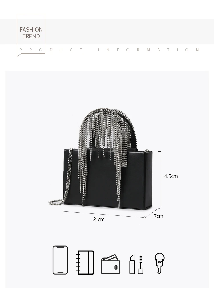 

Luxury Rhinestone Tassel Evening Handbag Women Summer Diamonds Square Shoulder Bags Evening Clutch Black Purse 2021