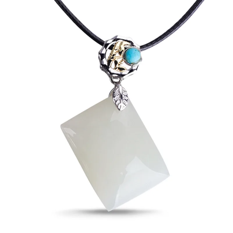 

New national style jewelry certificate 925 pure silver inlaid natural green pine buckle square Hetian jade pendant