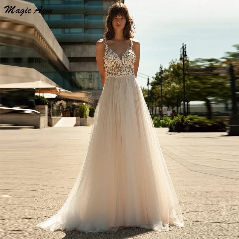 

Свадебное платье Magic Awn в стиле бохо, легкое пляжное Иллюзия аппликации А-силуэта цвета шампанского с открытой спиной, простое свадебное пла...