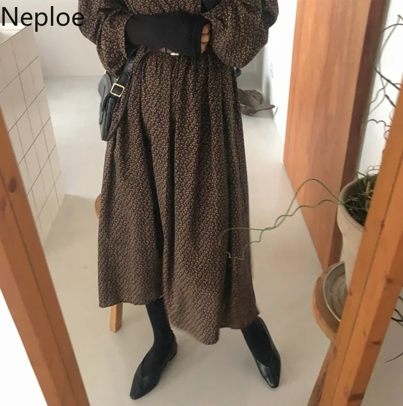 Neploe корейское шикарное платье с высокой талией и поясом принтом о-образный вырез
