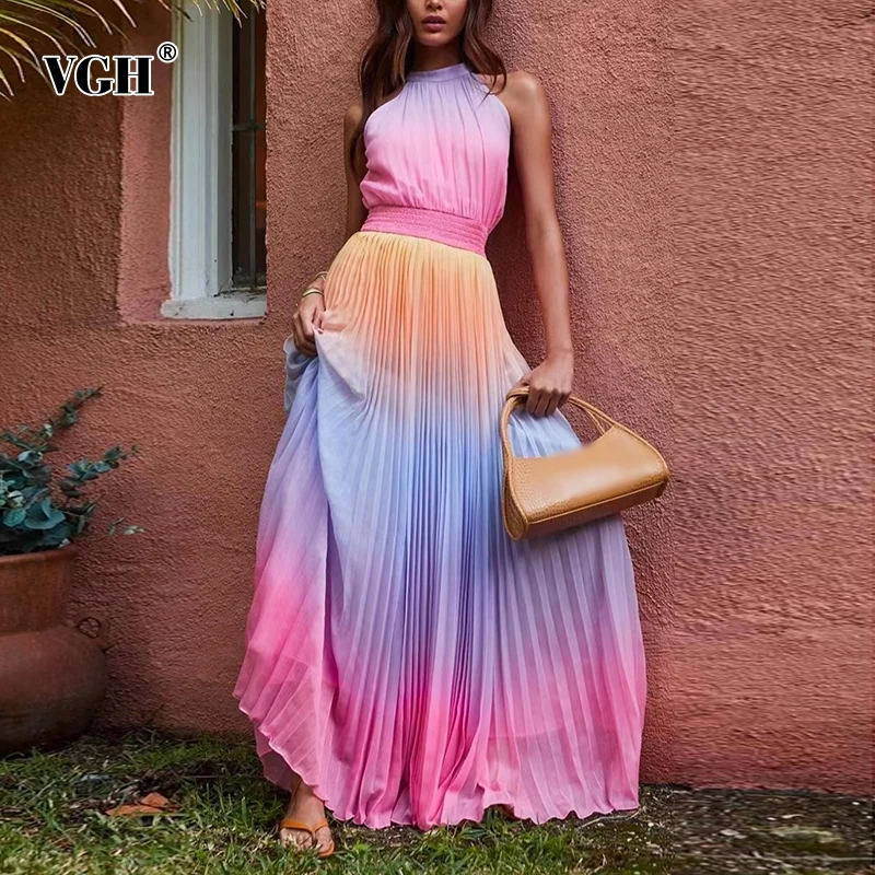 

Женское плиссированное платье-макси VGH, летнее облегающее платье с поясом, воротником-стойкой, без рукавов и с высокой талией, 2021
