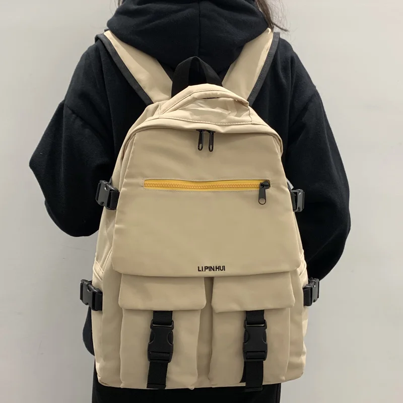 

Unisex Waterproof Nylon Women Backpack Female Embroidered Travel Bag Insert Buckle School Backpack Solid Color Mochila