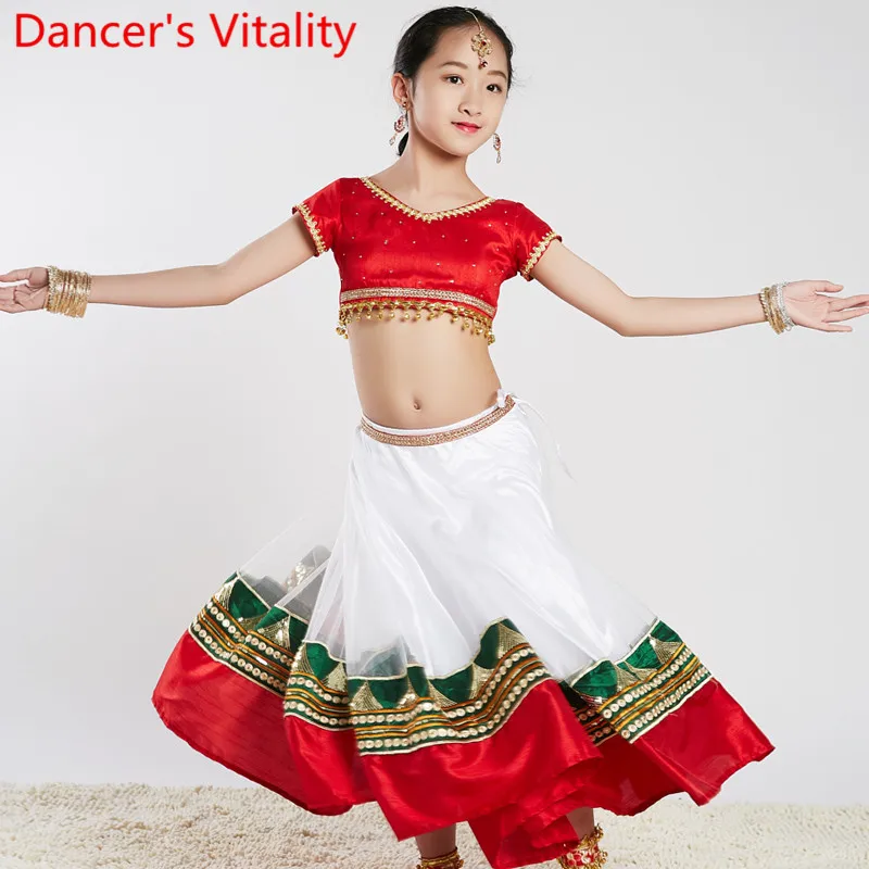 

Indian Dance Stage Wear Girls Children Top Mesh Splicing Skirt Veil Belly Folk Dance Professional Performance Costume Outfits