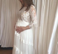 wedding dress for pregnant women chiffon lace v neck bridal gowns with long sleeve floor length lace appliques white sheer back