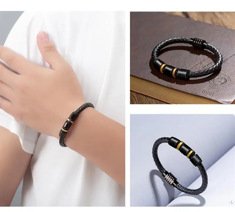 Мужской кожаный браслет с магнитной застежкой из нержавеющей стали | Украшения и