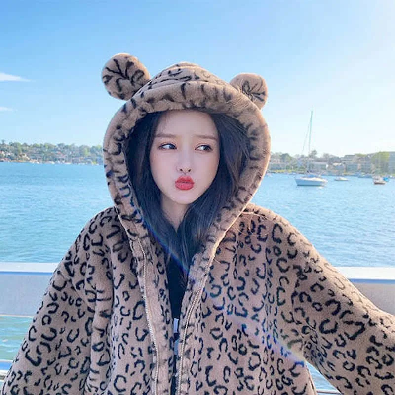 Women Top Clothing Leopard Plush Fur Coat Mid-length Korean Thick Hooded Faux Rex Rabbit Cute 2022 Winter New