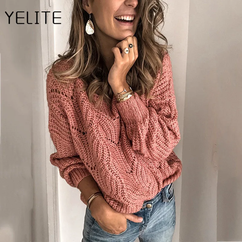 YELITE, женская мода, осень, новинка, корейский стиль, кружева, сшитые, дизайн, на ощупь, полый, толстый, линия головы, свободная одежда, теплый свитер для женщин