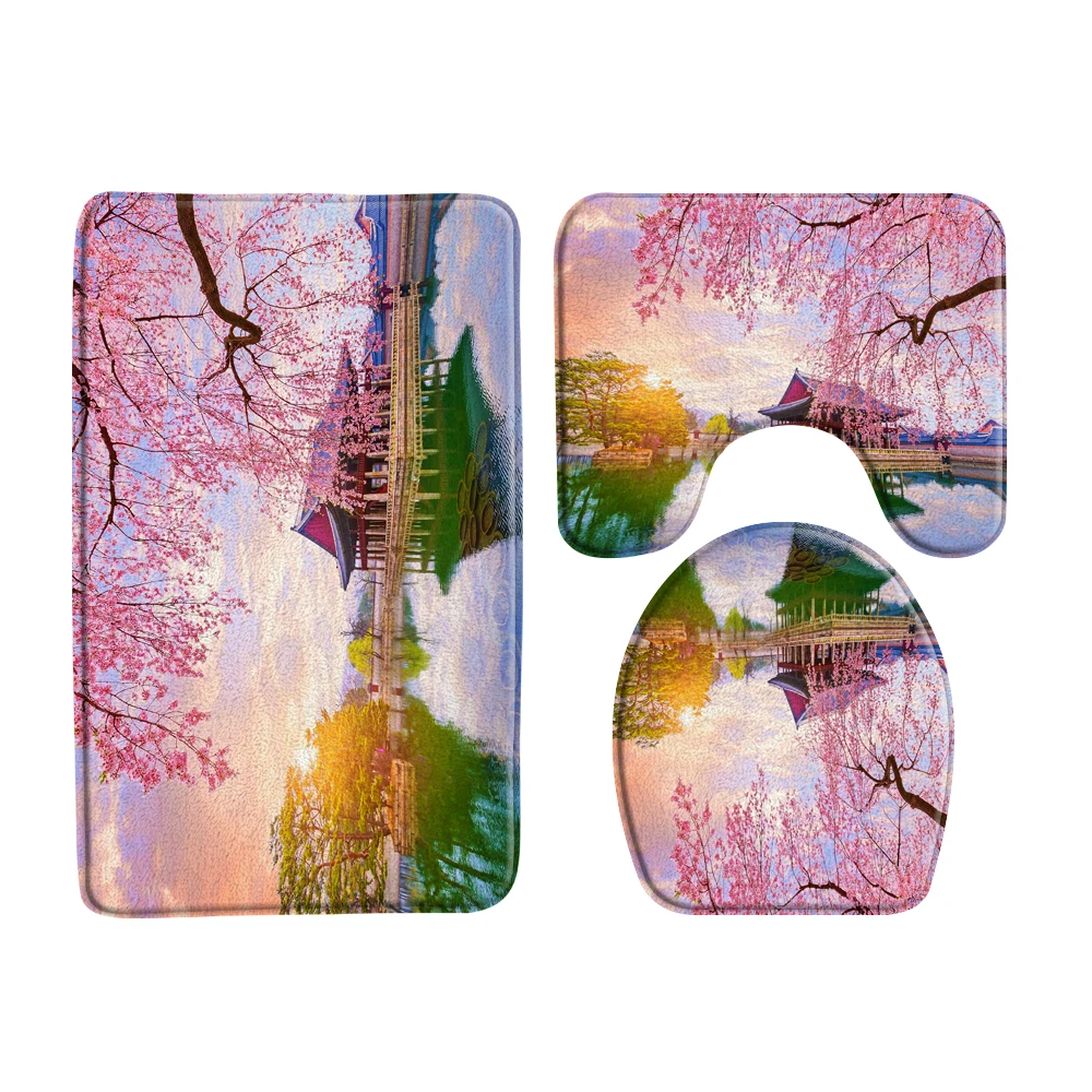 

Набор из 3 предметов для ванной, Классическая архитектура, ландшафт океана, садовый пейзаж, коврик для входной двери, коврик для туалета, ков...