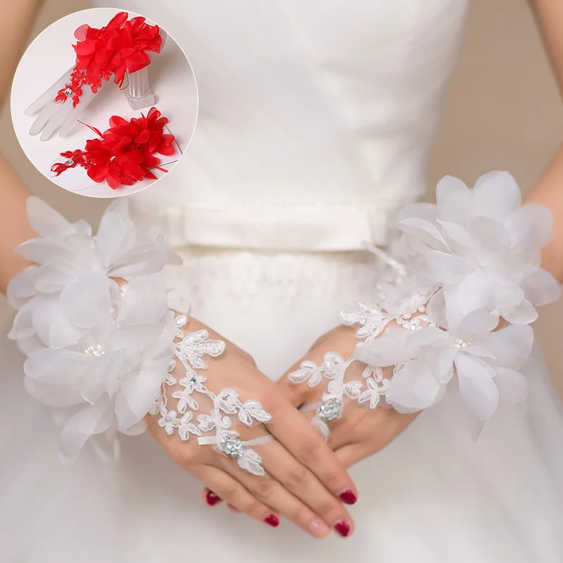 

White Wedding Gloves Bride Wed Flower Glove Jewelry Photo Props With Short Sleeves Vintage Dress Cheongsam Gloves Jewelry Gift