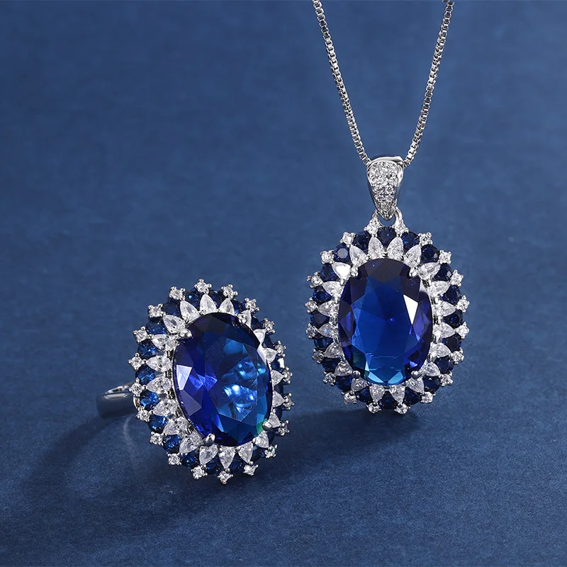 

QTT New Arrival Accessories Set For Women 925 Sterling Silver Blue Oval Zircon Stone Ring Necklace Wedding Jewelry Set