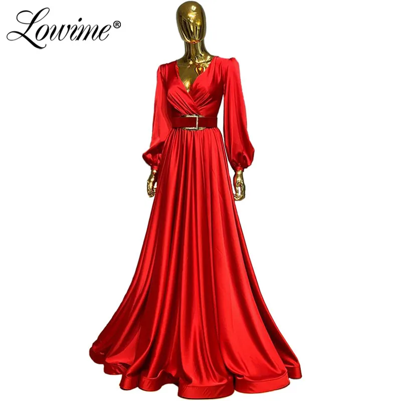Женское вечернее платье с поясом красное мусульманское v образным вырезом и