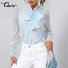 Celmia 2021 модные рубашки с бантом и воротником, женская сексуальная прозрачная сетчатая летняя блузка, элегантные кружевные прозрачные топы с длинным рукавом