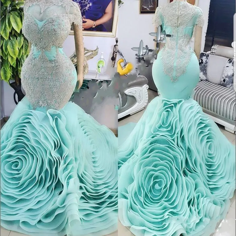 Mermaid Prom Dresses Sexy Sheer Neckline Lace Appliques Ruched Ruffles vestidos Zipper Evening Dress robe de soiree